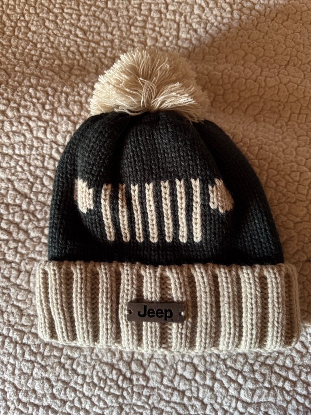 Jeep Pom Beanie Hat in Black and Cream with Logo Plate